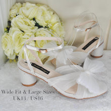 Load image into Gallery viewer, Blue or White Wedding Sandals Block Heels Bridal Shoes with Bow Wide Fit Shoe