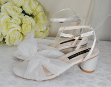 Load image into Gallery viewer, Blue or White Wedding Sandals Block Heels Bridal Shoes with Bow Wide Fit Shoe