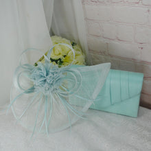 Load image into Gallery viewer, Peppermint Green Fascinator Hat and Matching Evening Clutch Bag
