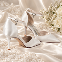 Load image into Gallery viewer, Ivory Satin Bridal Shoes – Pointed Toe Ankle Strap Wedding Heels