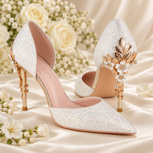 Load image into Gallery viewer, Ivory Shimmer Bridal Heels with Gold Cherry Blossom