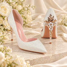 Load image into Gallery viewer, Ivory Unicorn-Shimmer Pointed Bridal Heels with Cherry Blossom Detail
