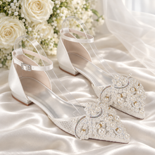 Load image into Gallery viewer, Large Pearl Appliqué Lace Bridal Flats – Pointed Toe Wedding Shoes