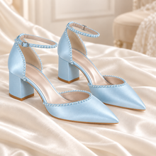 Load image into Gallery viewer, Light Blue Pearl Bridal Shoes – Pointed-Toe Satin Block Heels with Ankle Strap