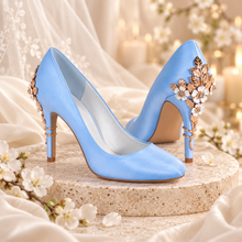 Load image into Gallery viewer, Light-Blue Satin Cherry-Blossom Bridal Heels – 9 cm