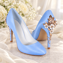 Load image into Gallery viewer, Light-Blue Satin Cherry-Blossom Bridal Heels – 9 cm