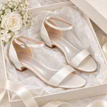 Load image into Gallery viewer, Low Block-Heel Satin Bridal Sandals – 3.5 cm Heel