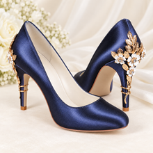 Load image into Gallery viewer, Navy Satin Round-Toe Cherry-Blossom Wedding Heels