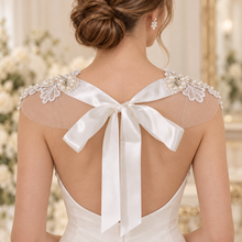 Load image into Gallery viewer, Pearl Embellished Bridal Cape with Satin Ribbon Bow | Sheer Wedding Dress Cover Up