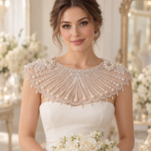 Load image into Gallery viewer, Pearl Embellished Bridal Cape with Satin Ribbon Bow | Sheer Wedding Dress Cover Up