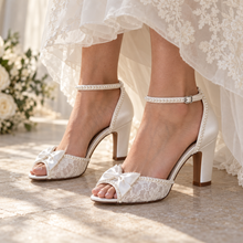 Load image into Gallery viewer, Pearl & Lace Block Heel Wedding Shoes – White or Ivory Bridal Sandals