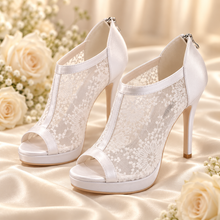 Load image into Gallery viewer, Lace Bridal Booties | Peep-Toe Platform Wedding Shoes | White, Ivory, Black or Red