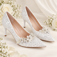 Load image into Gallery viewer, Princess White Floral-Glitter Wedding Heels