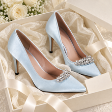Load image into Gallery viewer, Something Blue Satin Wedding Shoes – Crystal Pointed-Toe Bridal Heels