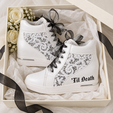 Load image into Gallery viewer, ’Til Death Gothic Bridal Wedge Trainers – White Lace Hi-Tops