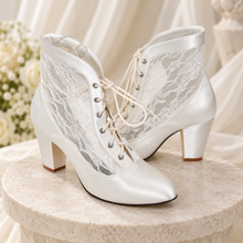 Load image into Gallery viewer, Ivory Lace Bridal Boots – Victorian Satin Wedding Shoes with Block Heel