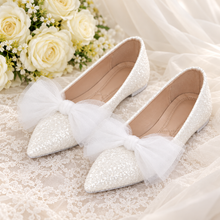 Load image into Gallery viewer, White Rock Glitter Bridal Flats | Pointed Toe Shoes with Tulle Bow