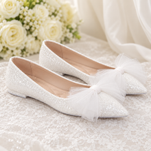 Load image into Gallery viewer, White Rock Glitter Bridal Flats | Pointed Toe Shoes with Tulle Bow