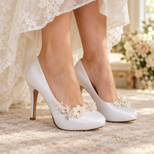 Load image into Gallery viewer, White Satin Bridal Heels – Removable Floral Shoe Clip Wedding Shoes