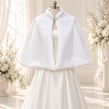 Load image into Gallery viewer, Winter White Faux-Fur Bridal Cape with Crystal Clasp