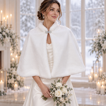 Load image into Gallery viewer, Winter White Faux-Fur Bridal Cape with Crystal Clasp