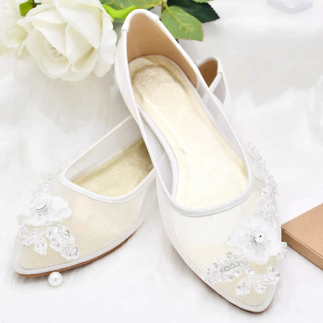 White Floral Embroidered Flats