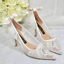 Load image into Gallery viewer, Ivory Lace with/without Crystal Heels & Bow | Removable Ankle Strap