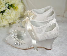Load image into Gallery viewer, Lace Wedge Heel with Floral Shoe Clip | Ivory or White