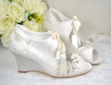 Load image into Gallery viewer, Lace Wedge Heel with Floral Shoe Clip | Ivory or White