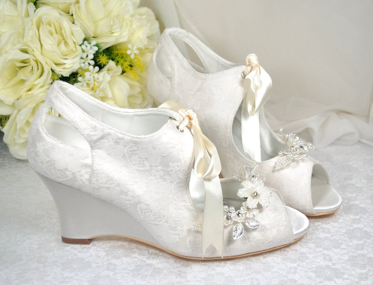 Lace Wedge Heel with Floral Shoe Clip | Ivory or White – Becci's Bridal  Designs, image size:1200x918