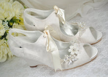 Load image into Gallery viewer, Lace Wedge Heel with Floral Shoe Clip | Ivory or White