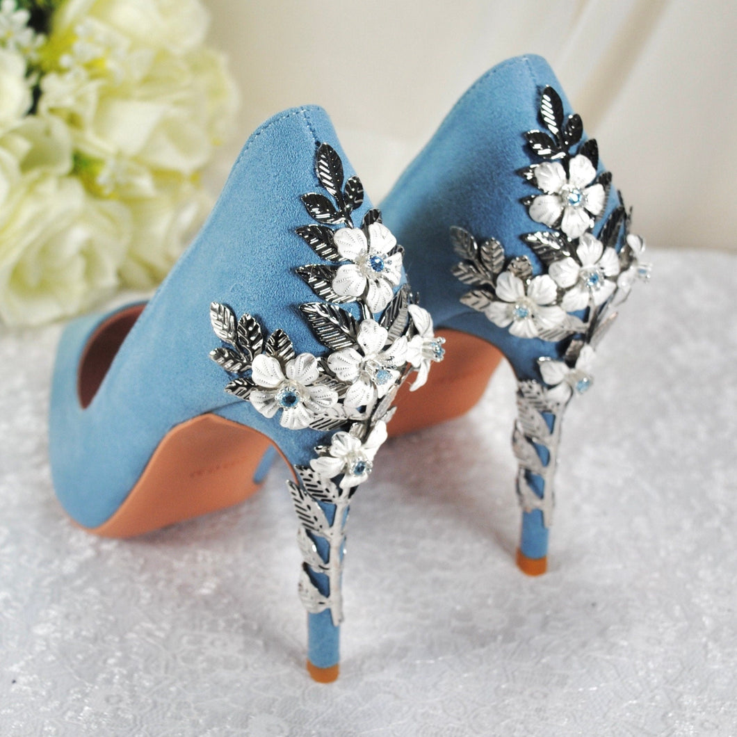 Blue Suede with silver 'Cherry Blossom'