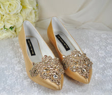 Load image into Gallery viewer, Gold Satin Pointy Toe Flats with Sparkly RHINESTONES APPLIQUÉ