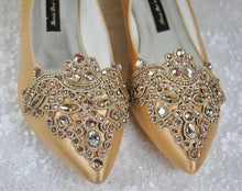 Load image into Gallery viewer, Gold Satin Pointy Toe Flats with Sparkly RHINESTONES APPLIQUÉ