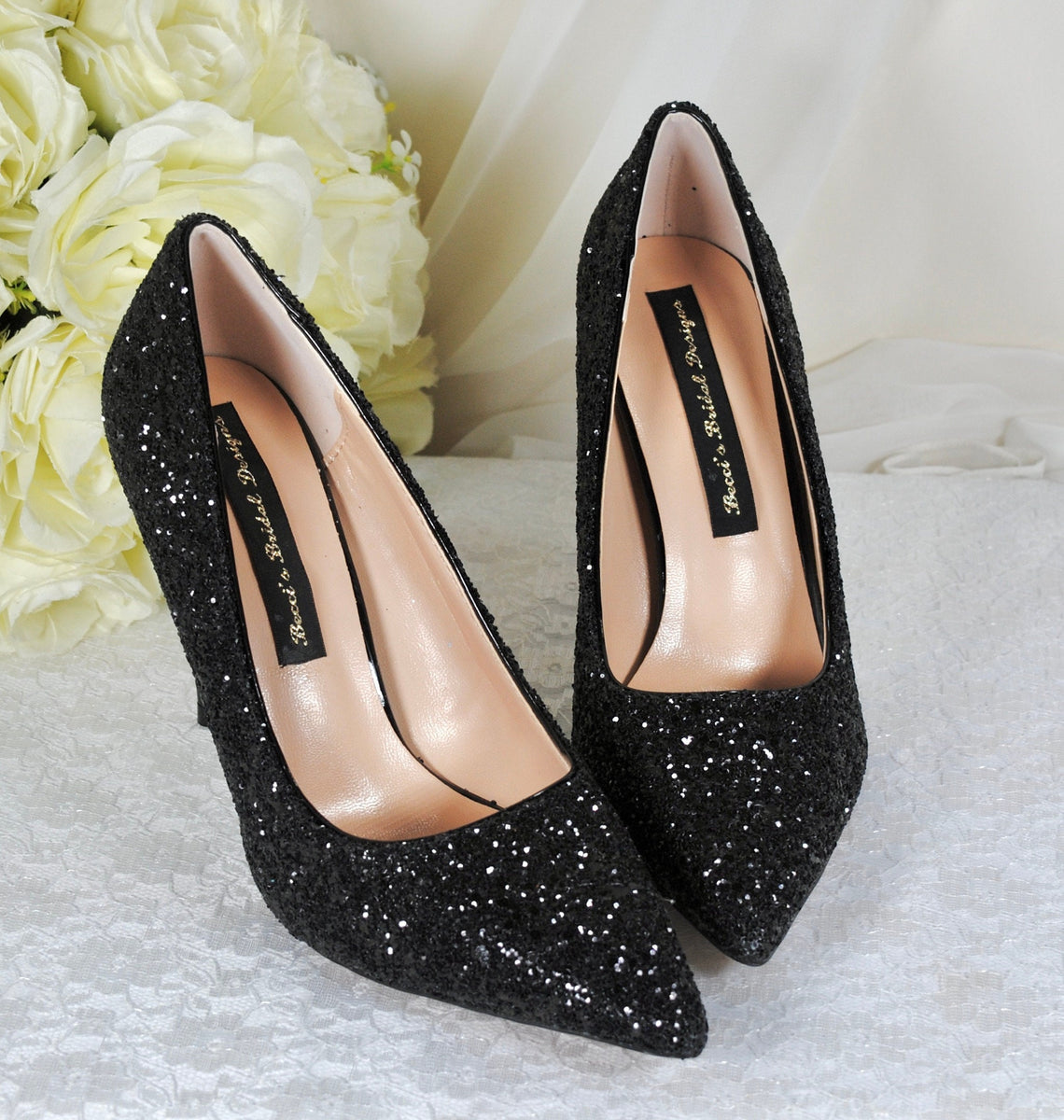 Black glitter store peep toe heels