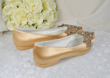 Load image into Gallery viewer, Gold Satin Pointy Toe Flats with Sparkly RHINESTONES APPLIQUÉ