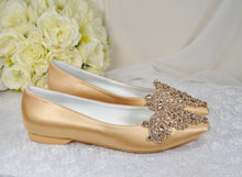 Load image into Gallery viewer, Gold Satin Pointy Toe Flats with Sparkly RHINESTONES APPLIQUÉ