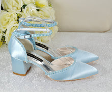 Load image into Gallery viewer, Light Blue Sandals, Satin Block Heels