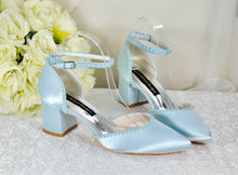 Load image into Gallery viewer, Light Blue Sandals, Satin Block Heels