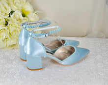 Load image into Gallery viewer, Light Blue Sandals, Satin Block Heels