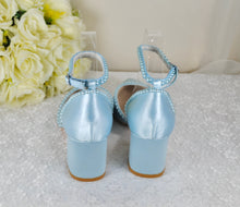 Load image into Gallery viewer, Light Blue Sandals, Satin Block Heels