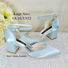 Load image into Gallery viewer, Light Blue Sandals, Satin Block Heels