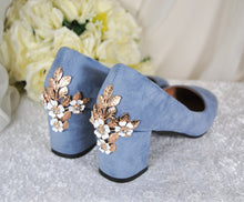 Load image into Gallery viewer, Low Block Heel Blue Suede with 'Cherry Blossom'