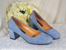 Load image into Gallery viewer, Low Block Heel Blue Suede with 'Cherry Blossom'