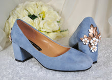 Load image into Gallery viewer, Low Block Heel Blue Suede with 'Cherry Blossom'