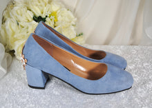 Load image into Gallery viewer, Low Block Heel Blue Suede with 'Cherry Blossom'