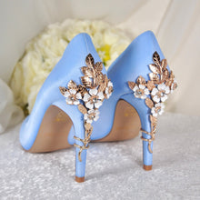 Load image into Gallery viewer, Light Blue Satin Round Toe with 'Cherry Blossom'