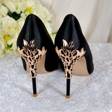 Load image into Gallery viewer, Black Satin Heels with Gold Leaf Details
