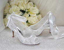 Load image into Gallery viewer, Lace Peep Toe with Ribbon Ankle Tie | White or Ivory