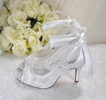 Load image into Gallery viewer, Lace Peep Toe with Ribbon Ankle Tie | White or Ivory
